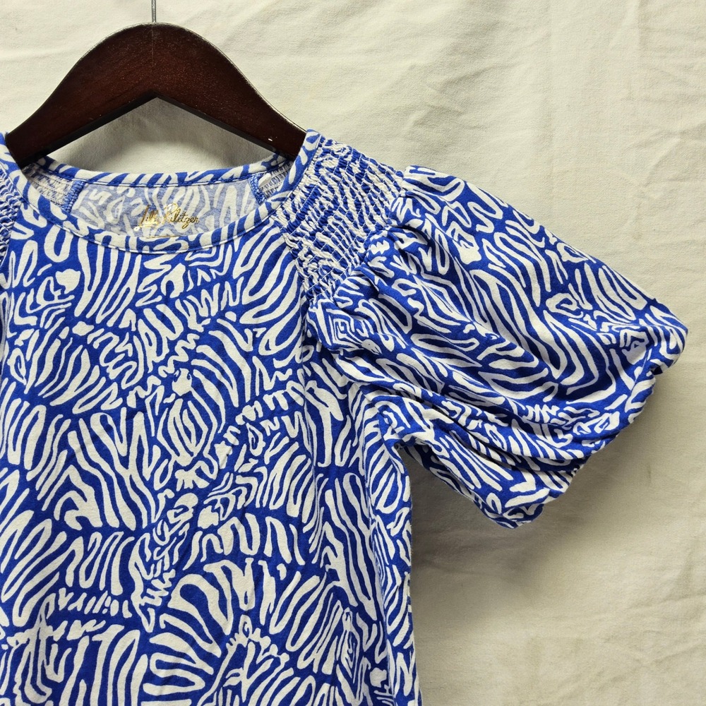 Lilly Pulitzer Top Kids XL 12-14 Blue White Abstract Zebra‎ Off Shoulder Cotton